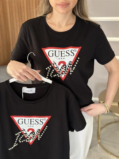 Gu Taş Yazı Detaylı Siyah T-shirt