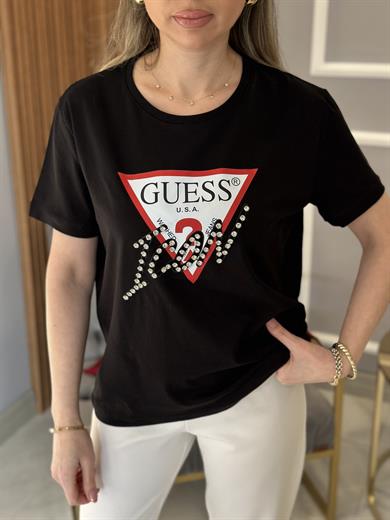 Gu Taş Yazı Detaylı Siyah T-shirt