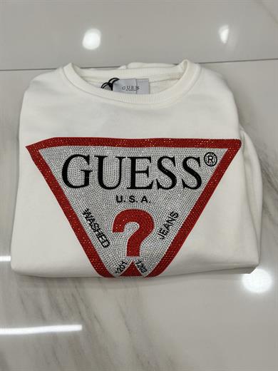 Gu Taşlı Yazı Detaylı Sweatshirt Ekru