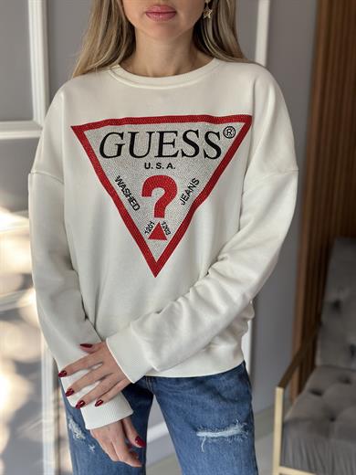 Gu Taşlı Yazı Detaylı Sweatshirt Ekru
