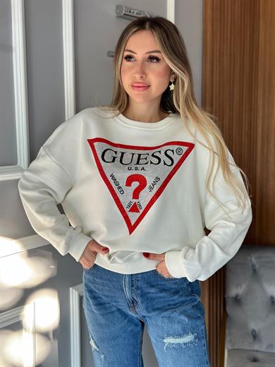 Gu Taşlı Yazı Detaylı Sweatshirt Ekru