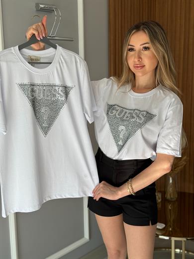Gu Üçgen Full Taşlı Beyaz Tişört