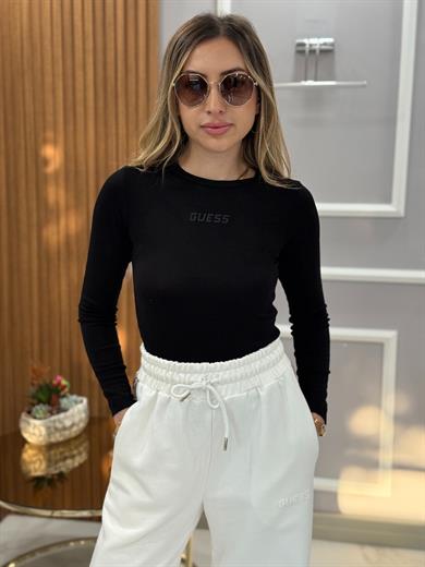 Gu Yazı Detaylı Likralı Bluz Siyah