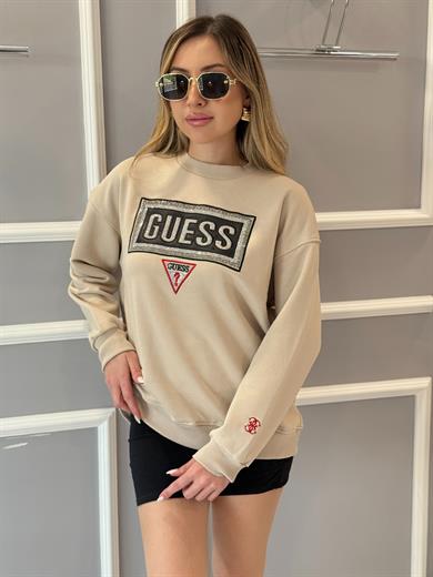 Gu Yazı Taşlı Bilek Detaylı Boyu 65 cm Vizon Sweat