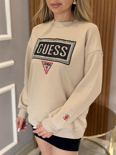 Gu Yazı Taşlı Bilek Detaylı Boyu 65 cm Vizon Sweat