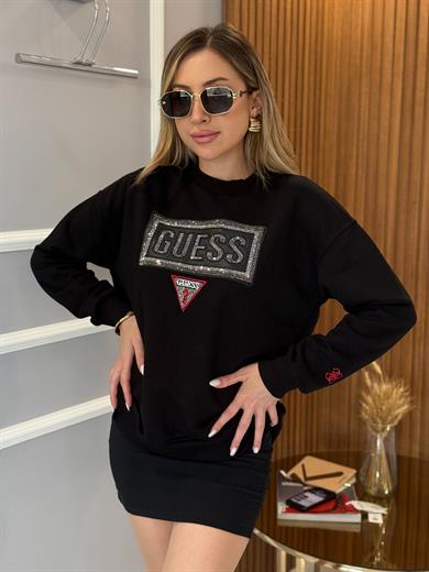 Gu Yazı Taşlı Bilek Detaylı Boyu 65 cm Siyah Sweat