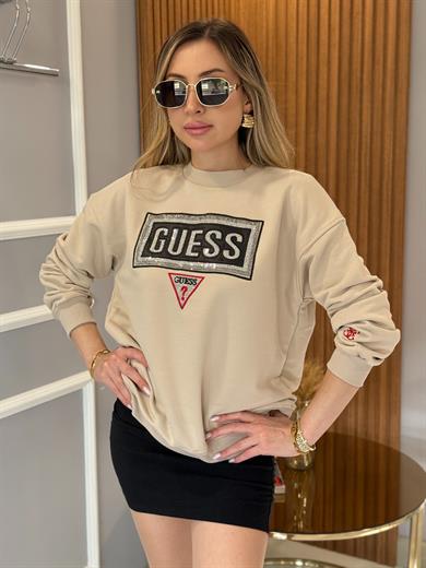 Gu Yazı Taşlı Bilek Detaylı Boyu 65 cm Vizon Sweat