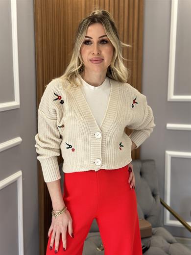 Hırka Minik Çiçek Desenli Krem