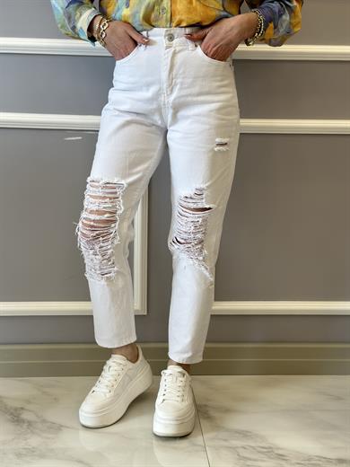 Jeans Mom Yırtık Detaylı Beyaz