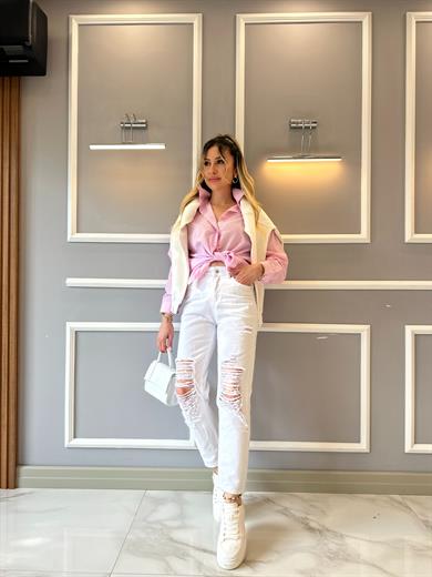 Jeans Mom Yırtık Detaylı Beyaz