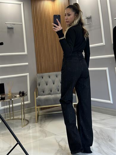 Jeans Taşlı Yüksek Bel Palazzo Siyah