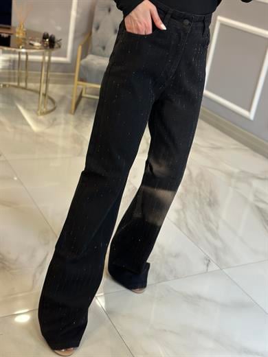 Jeans Taşlı Yüksek Bel Palazzo Siyah