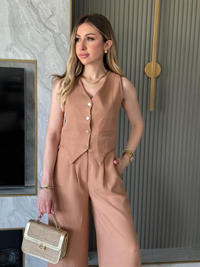 Julia Premium Pallazzolu Yelekli Takım Taba