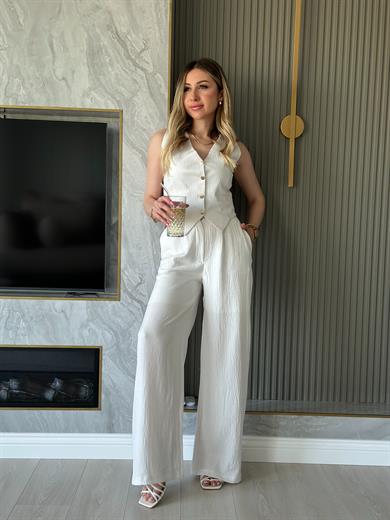 Julia Premium Pallazzolu Yelekli Takım Ekru