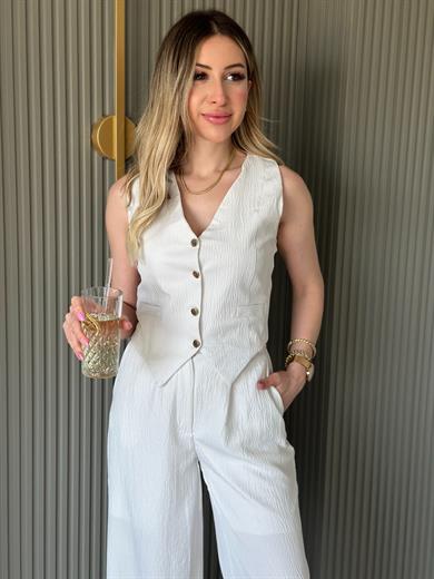 Julia Premium Pallazzolu Yelekli Takım Ekru