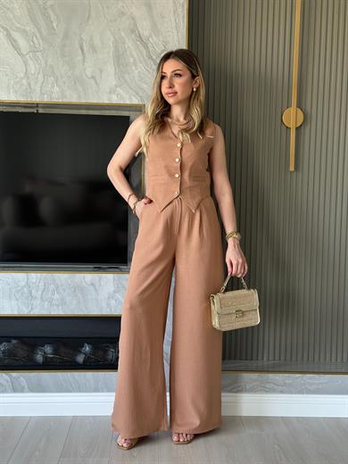Julia Premium Pallazzolu Yelekli Takım Taba