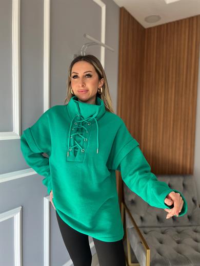 Kuş Gözü Bağcıklı Sweatshirt Yeşil