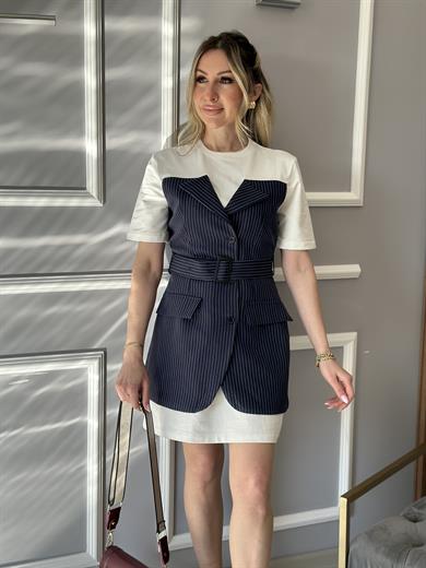 Lia Ceket Detaylı Elbise Kemerli Lacivet-Beyaz Mix Çizgili