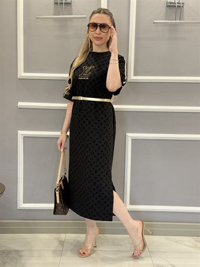 LN Premium Boyu 116cm Yandan Tek Yırtmaçlı Kendinden Desenli Oversize Siyah Elbise 