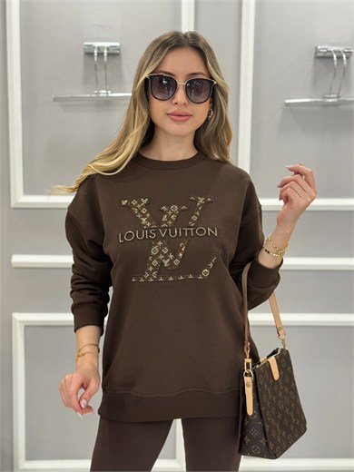LN Premium Taş Yazılı Sweatshirt Kahverengi 