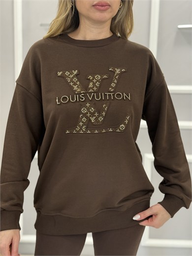 LN Premium Taş Yazılı Sweatshirt Kahverengi 