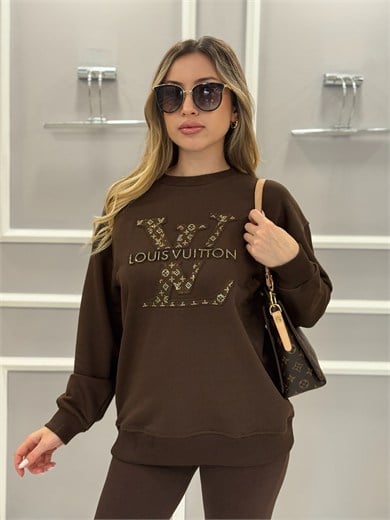 LN Premium Taş Yazılı Sweatshirt Kahverengi 