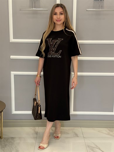 LN Premium Yazı Detaylı Boyu 116cm Yandan Tek Yırtmaçlı Elbise Siyah