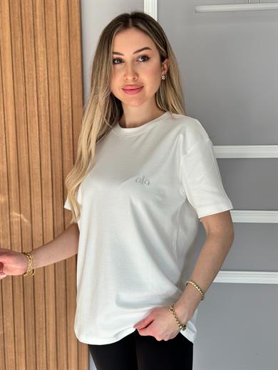 Lo T-shirt Kabartma Yazılı Beyaz