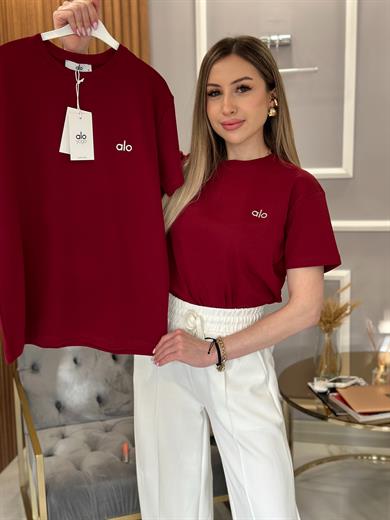 Lo T-shirt Kabartma Yazılı Bordo