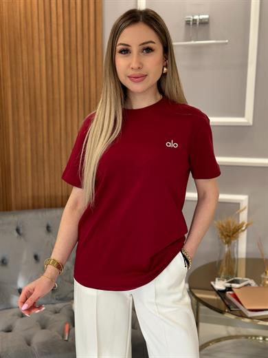 Lo T-shirt Kabartma Yazılı Bordo