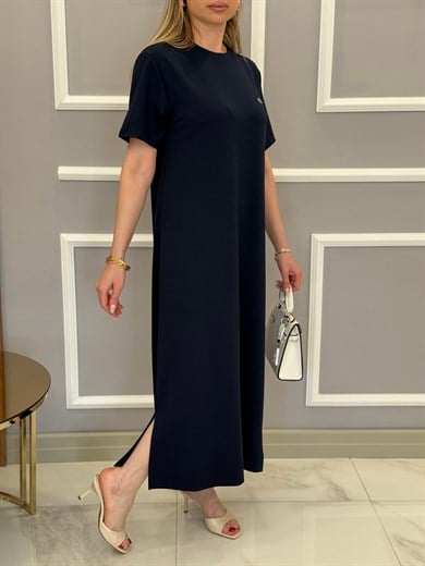LT Premium Basic Modal Kumaş Yandan İki Yırtmaçlı Boyu 123 cm Lacivert Elbise 
