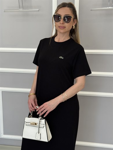 LT Premium Basic Modal Kumaş Yandan İki Yırtmaçlı Boyu 123 cm Siyah Elbise 