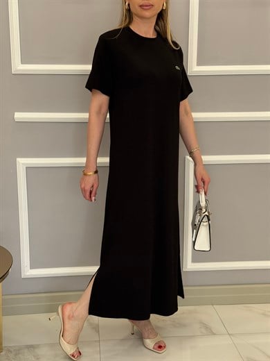 LT Premium Basic Modal Kumaş Yandan İki Yırtmaçlı Boyu 123 cm Siyah Elbise 