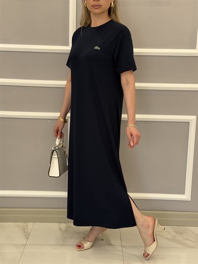 LT Premium Basic Modal Kumaş Yandan İki Yırtmaçlı Boyu 123 cm Lacivert Elbise 