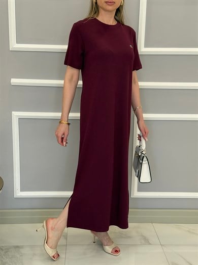 LT Premium Basic Modal Kumaş Yandan İki Yırtmaçlı Boyu 123 cm Bordo Elbise 