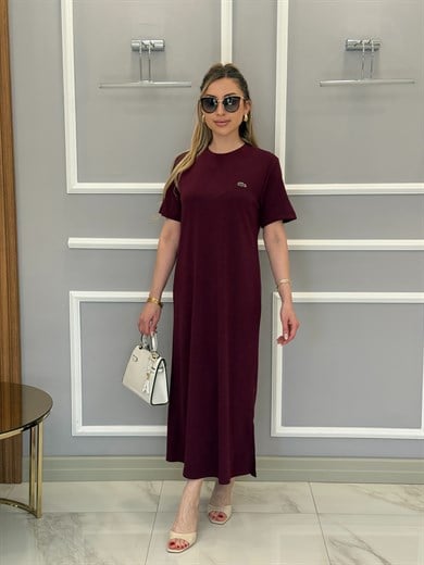 LT Premium Basic Modal Kumaş Yandan İki Yırtmaçlı Boyu 123 cm Bordo Elbise 