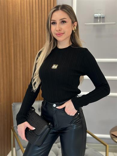LV Siyah Triko Bluz Gold Detaylı