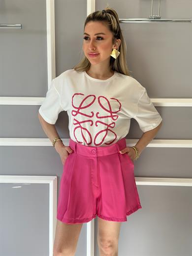 Lv T-shirt Pembe Baskılı Ekru