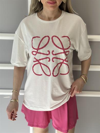 Lv T-shirt Pembe Baskılı Ekru