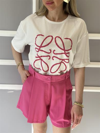 Lv T-shirt Pembe Baskılı Ekru