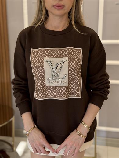 LV Taşlı Sweat Kahverengi Boyu 65 cm