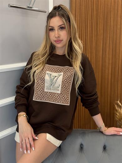 LV Taşlı Sweat Kahverengi Boyu 65 cm