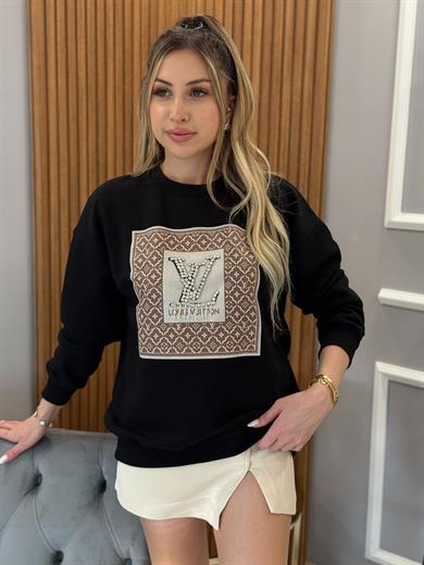 LV Taşlı Sweat Siyah Boyu 65 cm