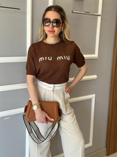 MI Premium Bluz Triko Merserize İnci Detaylı Kahverengi