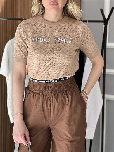 MI Premium Bluz Triko Merserize İnci Detaylı Taş rengi 