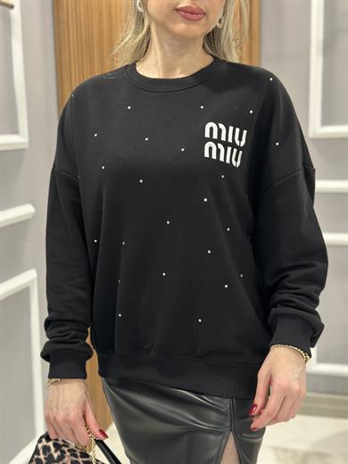 Mı Premium Pırıltılı Taşlı Sweatshirt Siyah