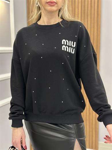 Mı Premium Pırıltılı Taşlı Sweatshirt Siyah