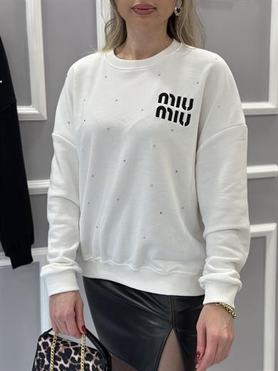 Mı Premium Pırıltılı Taşlı Sweatshirt Ekru