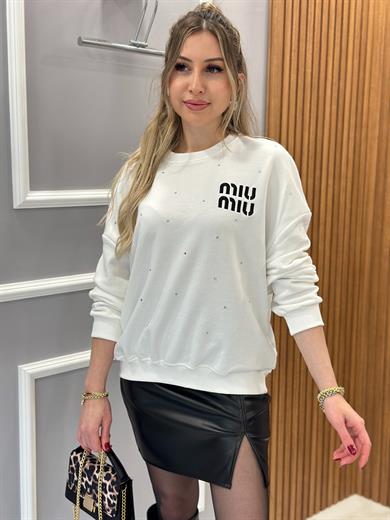 Mı Premium Pırıltılı Taşlı Sweatshirt Ekru