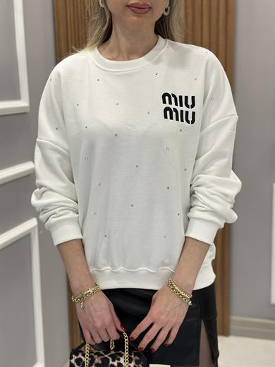 Mı Premium Pırıltılı Taşlı Sweatshirt Ekru